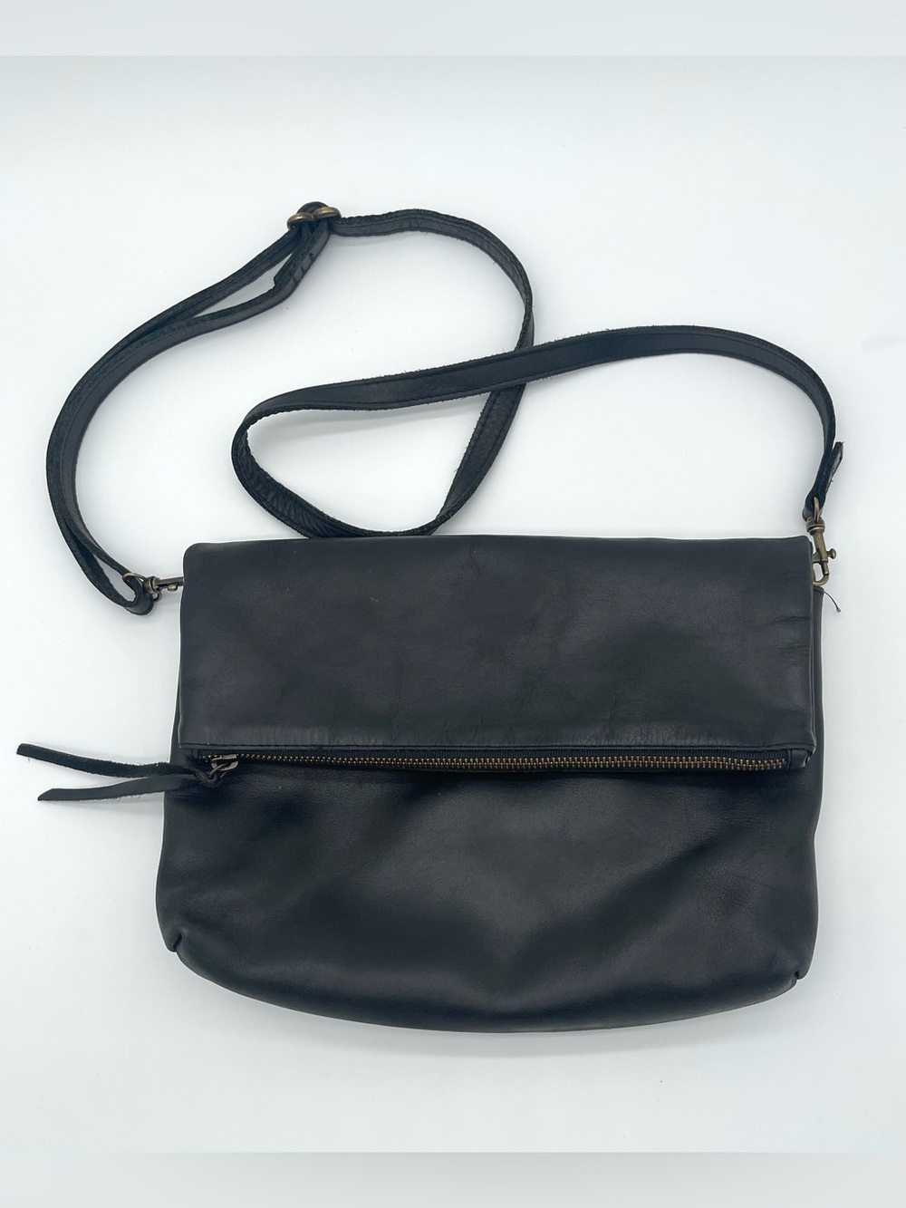 ABLE  Foldover Crossbody Leather Shoulder Bag Purse  Black